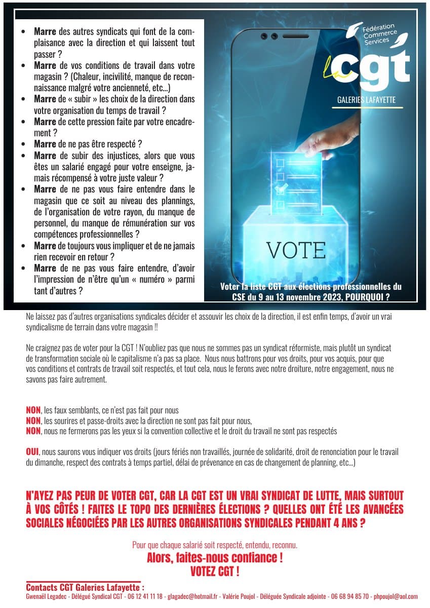 Élections CSE Galeries Lafayette : votez CGT pour défendre vos droits !