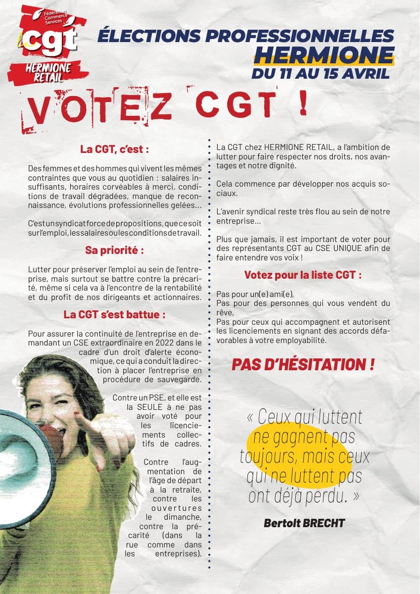 Élections professionnelles Hermione : votez CGT !