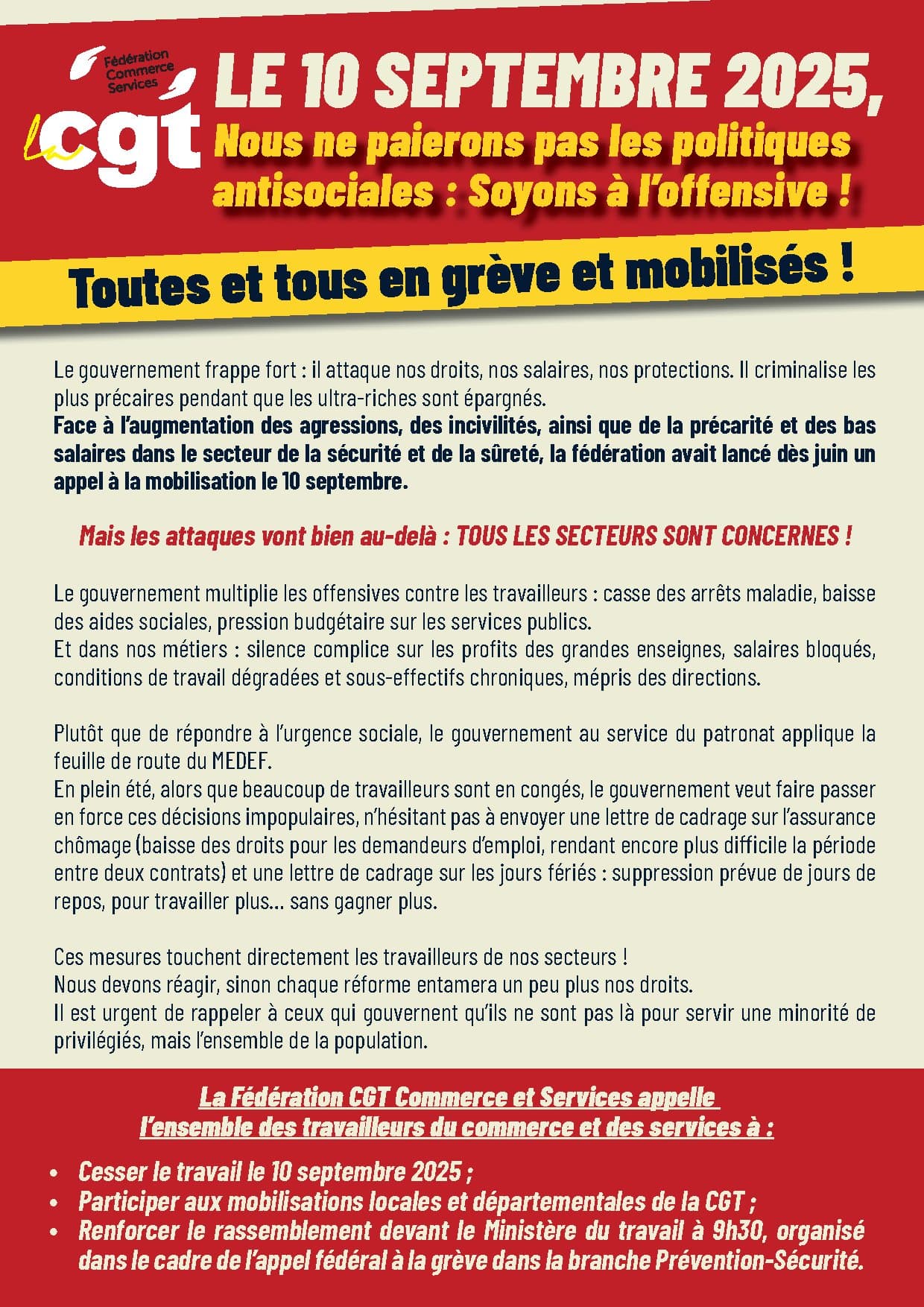 LE 10 SEPTEMBRE 2025, Nous ne paierons pas les politiques antisociales : Soyons à l’offensive ! Toutes et tous en grève et mobilisés !