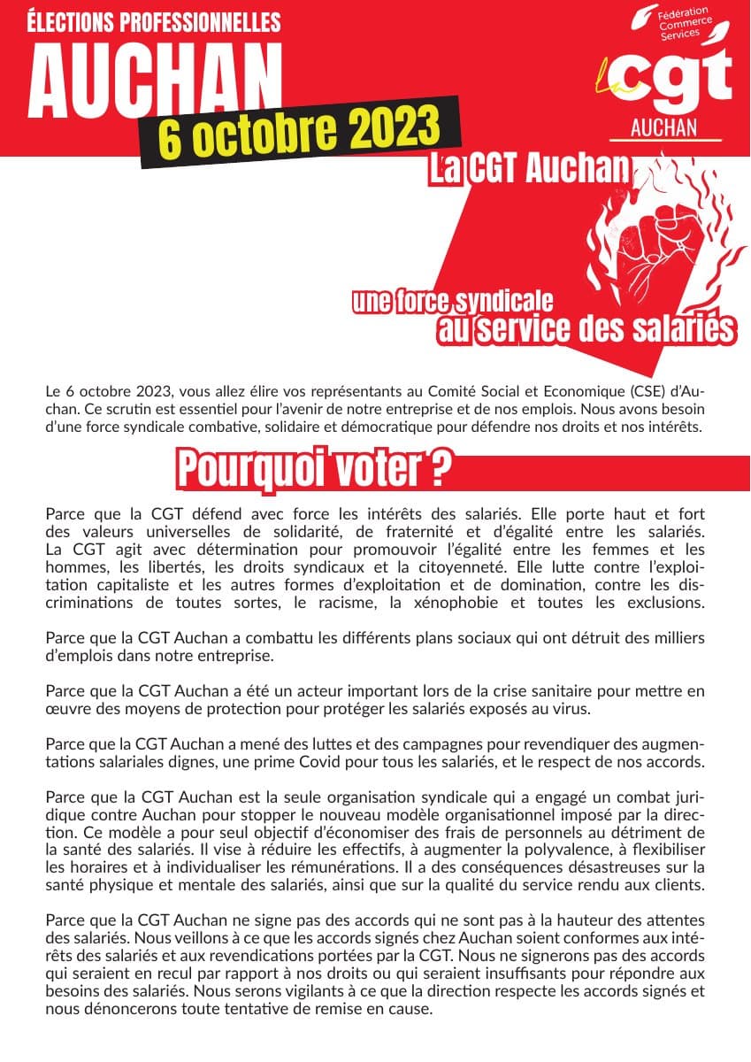 6 octobre 2023 : élections professionnelles Auchan, votez CGT !