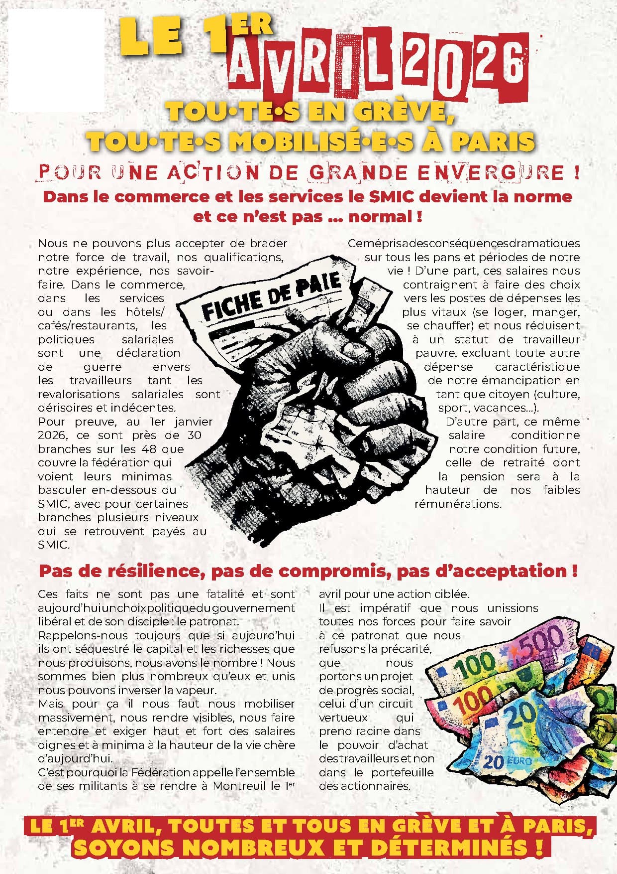 Le 1er avril 2026 tou·te·s en grève, Tou·te·s mobilisé·e·s à Paris POUR UNE ACTION DE GRANDE ENVERGURE ! Dans le commerce et les services le SMIC devient la norme et ce n’est pas … normal